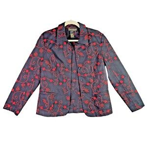 Christine Phillipe Womens Blazer 8 Black Red Floral Embroidered Cotton Pockets